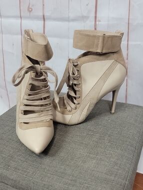 Wild Diva Beige Lace-Up Ankle Strap Pointed Toe Heels